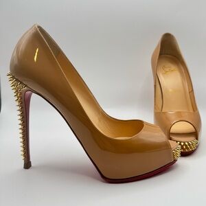 Christian Louboutin Nude Patent Peep-Toe Pumps with Gold Spikes and Red Soles